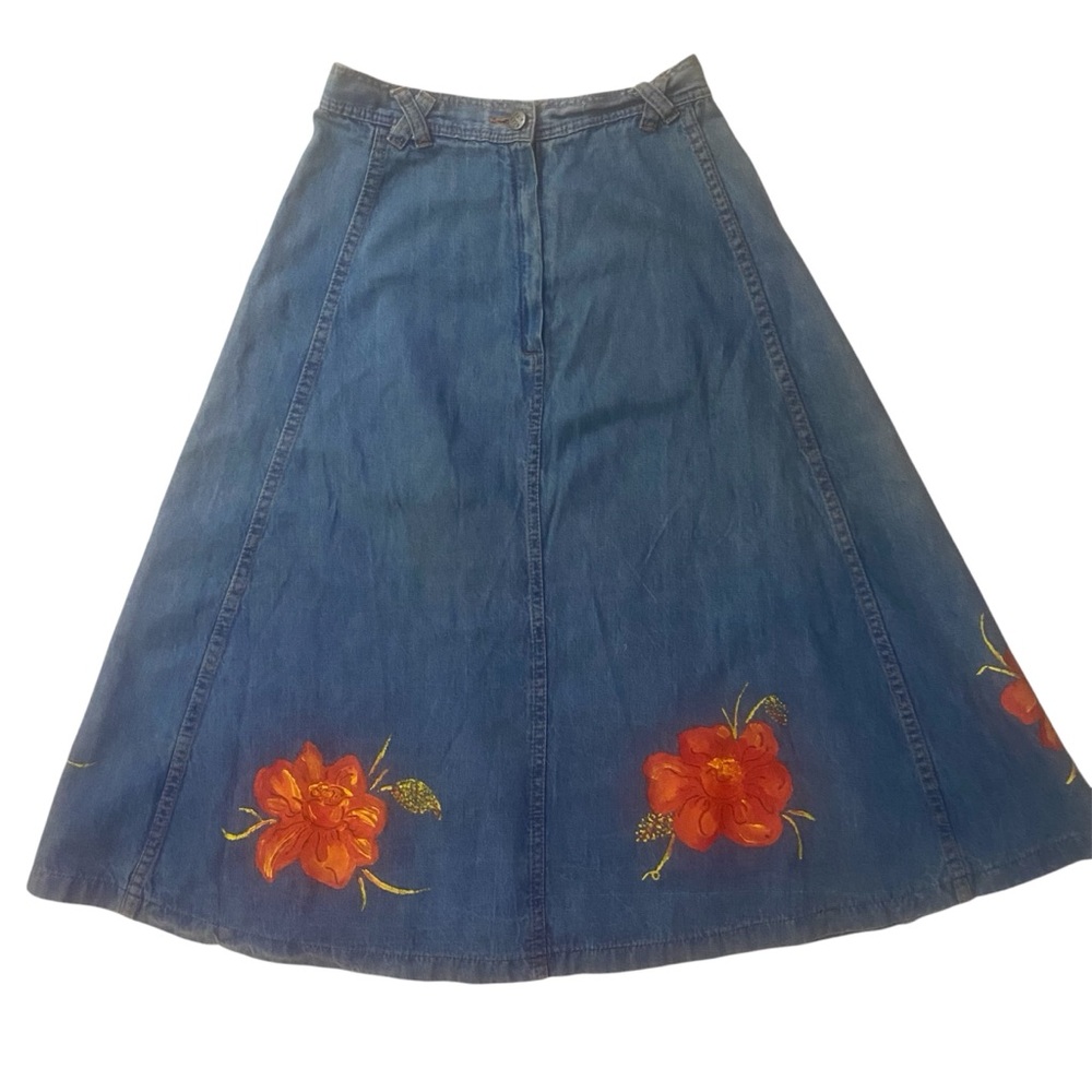 Vintage Denim Skirt 70s Midi Hand Painted